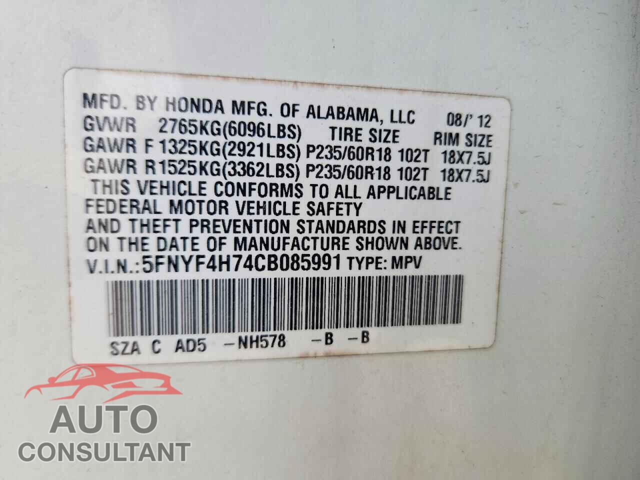 HONDA PILOT 2012 - 5FNYF4H74CB085991