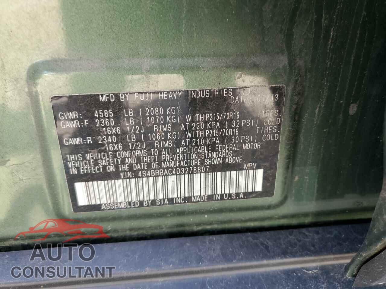 SUBARU OUTBACK 2013 - 4S4BRBAC4D3278807