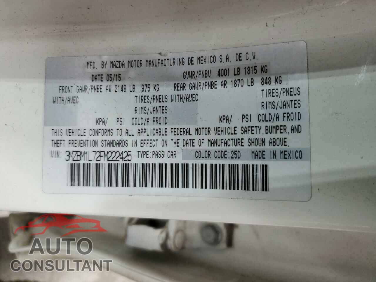 MAZDA 3 2015 - 3MZBM1L72FM222425