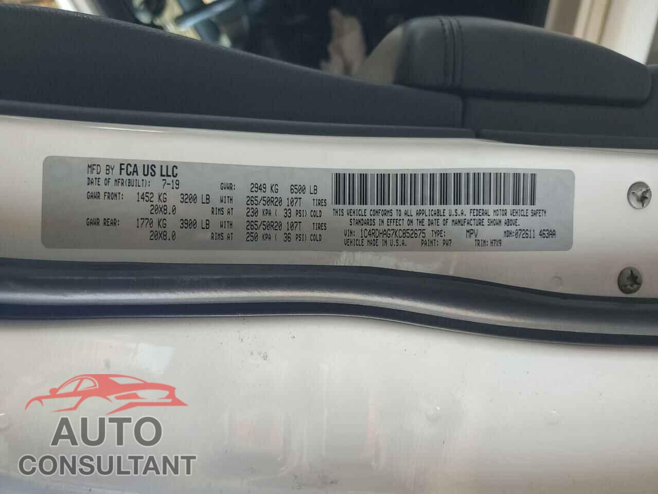 DODGE DURANGO 2019 - 1C4RDHAG7KC852675