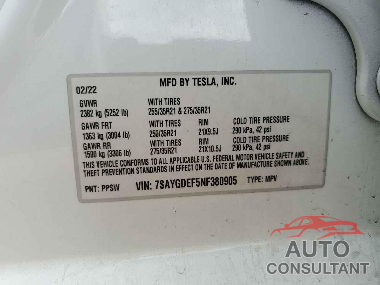 TESLA MODEL Y 2022 - 7SAYGDEF5NF380905