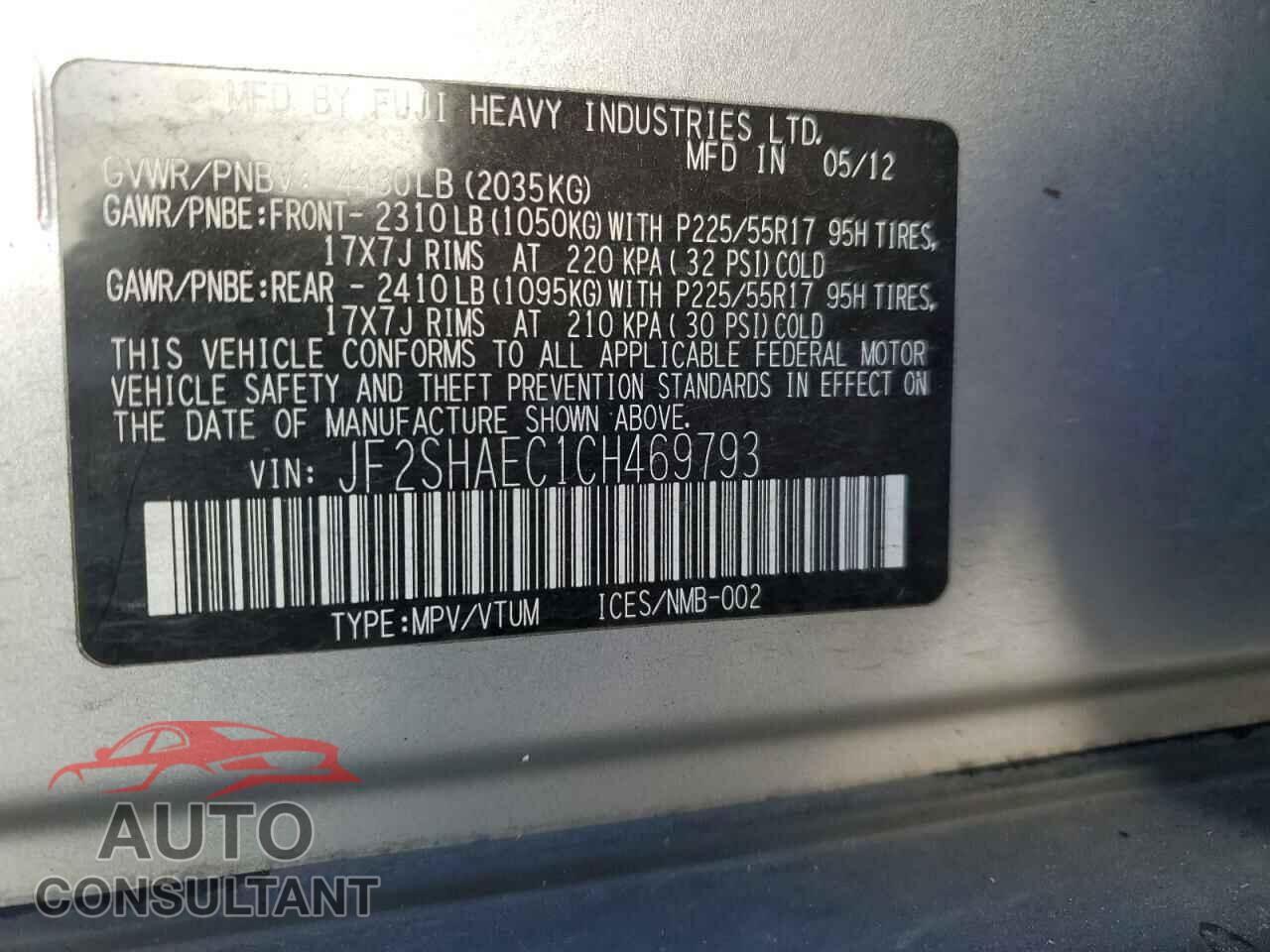 SUBARU FORESTER 2012 - JF2SHAEC1CH469793