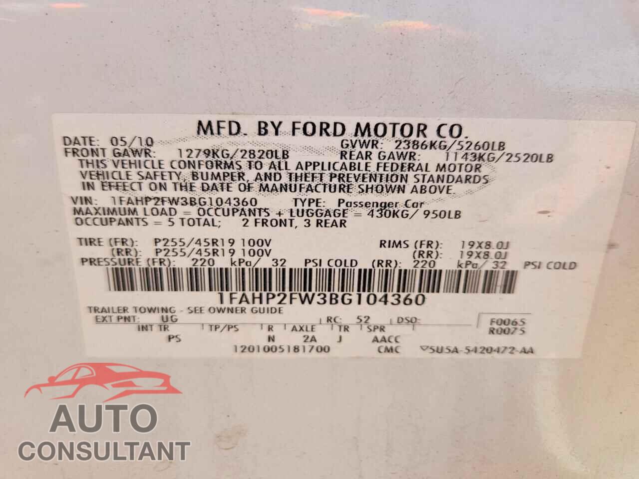 FORD TAURUS 2011 - 1FAHP2FW3BG104360