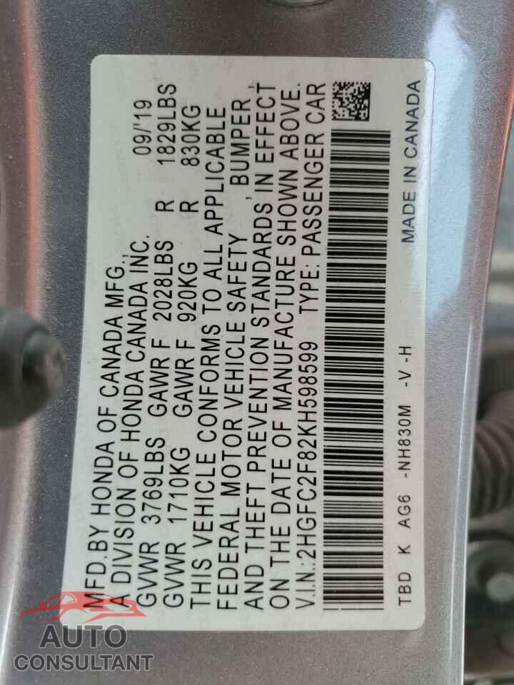 HONDA CIVIC 2019 - 2HGFC2F82KH598599