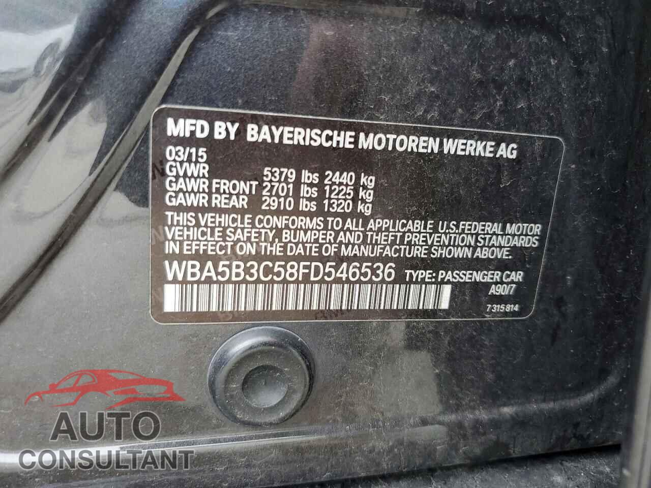 BMW 5 SERIES 2015 - WBA5B3C58FD546536