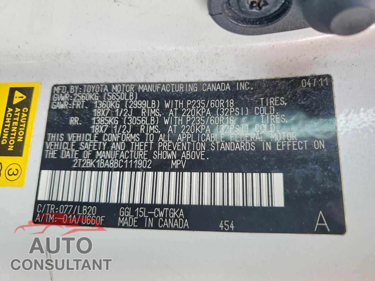 LEXUS RX350 2011 - 2T2BK1BA8BC111902