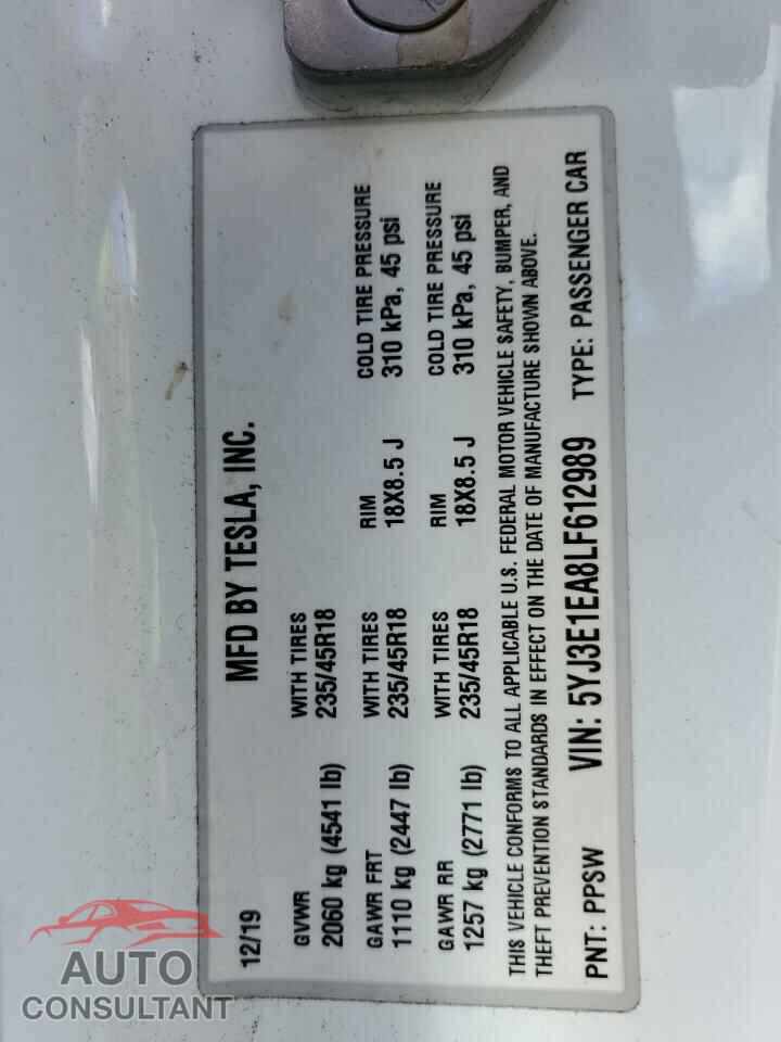 TESLA MODEL 3 2020 - 5YJ3E1EA8LF612989