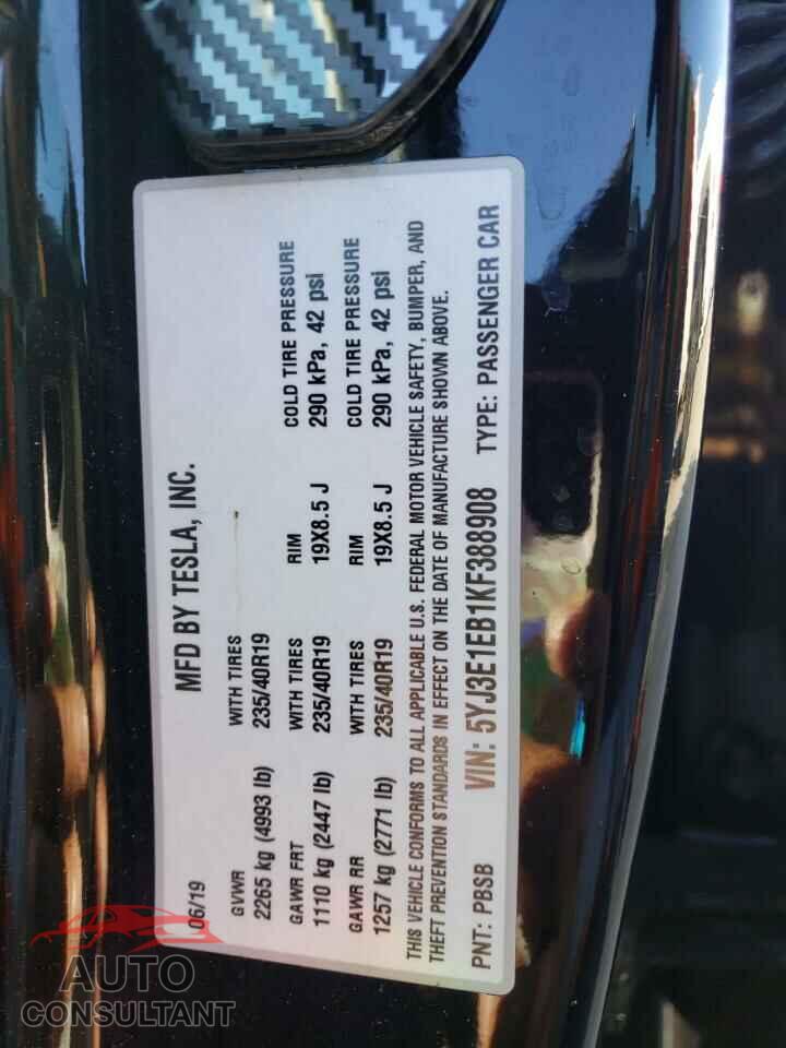 TESLA MODEL 3 2019 - 5YJ3E1EB1KF388908