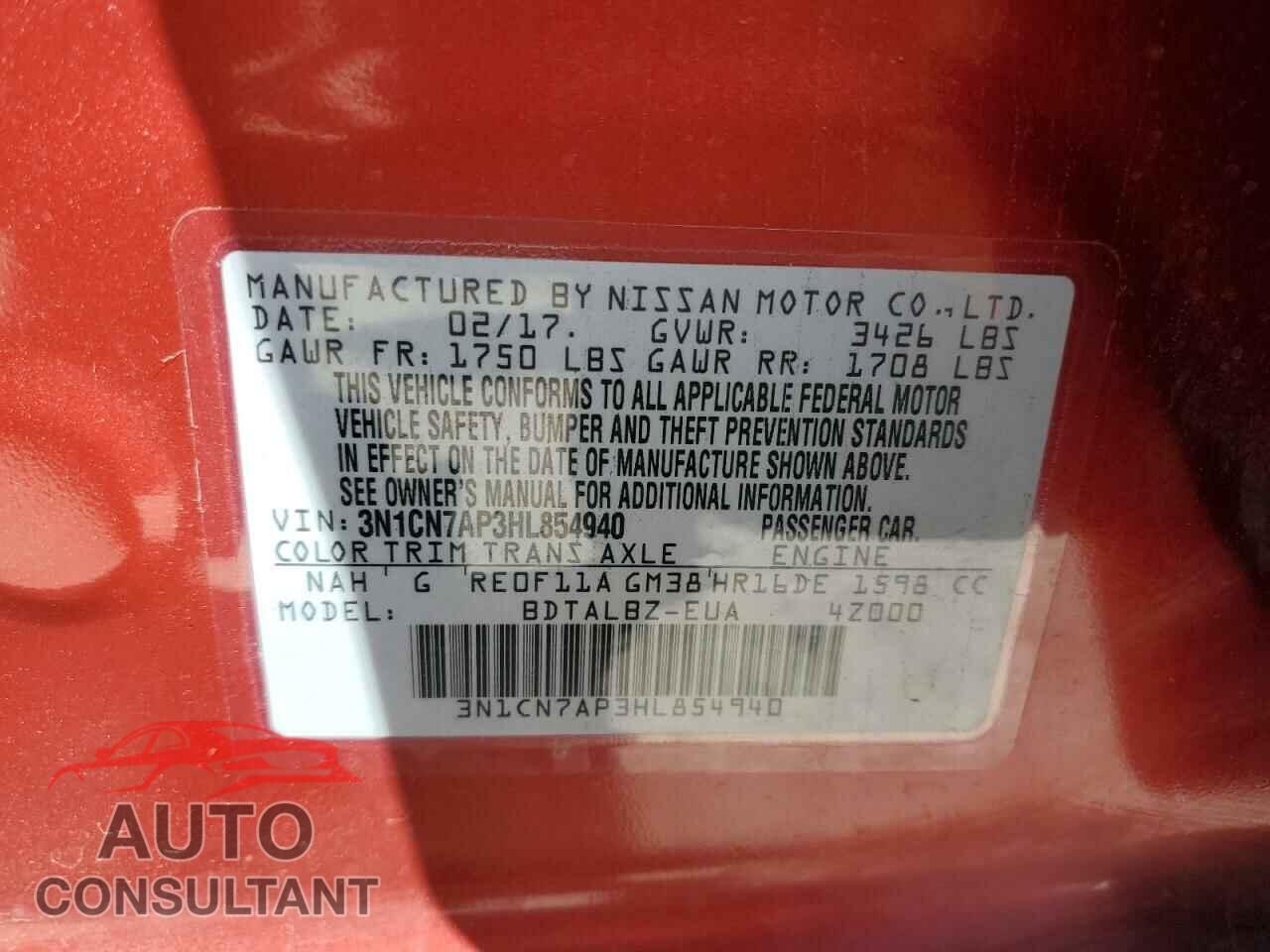 NISSAN VERSA 2017 - 3N1CN7AP3HL854940