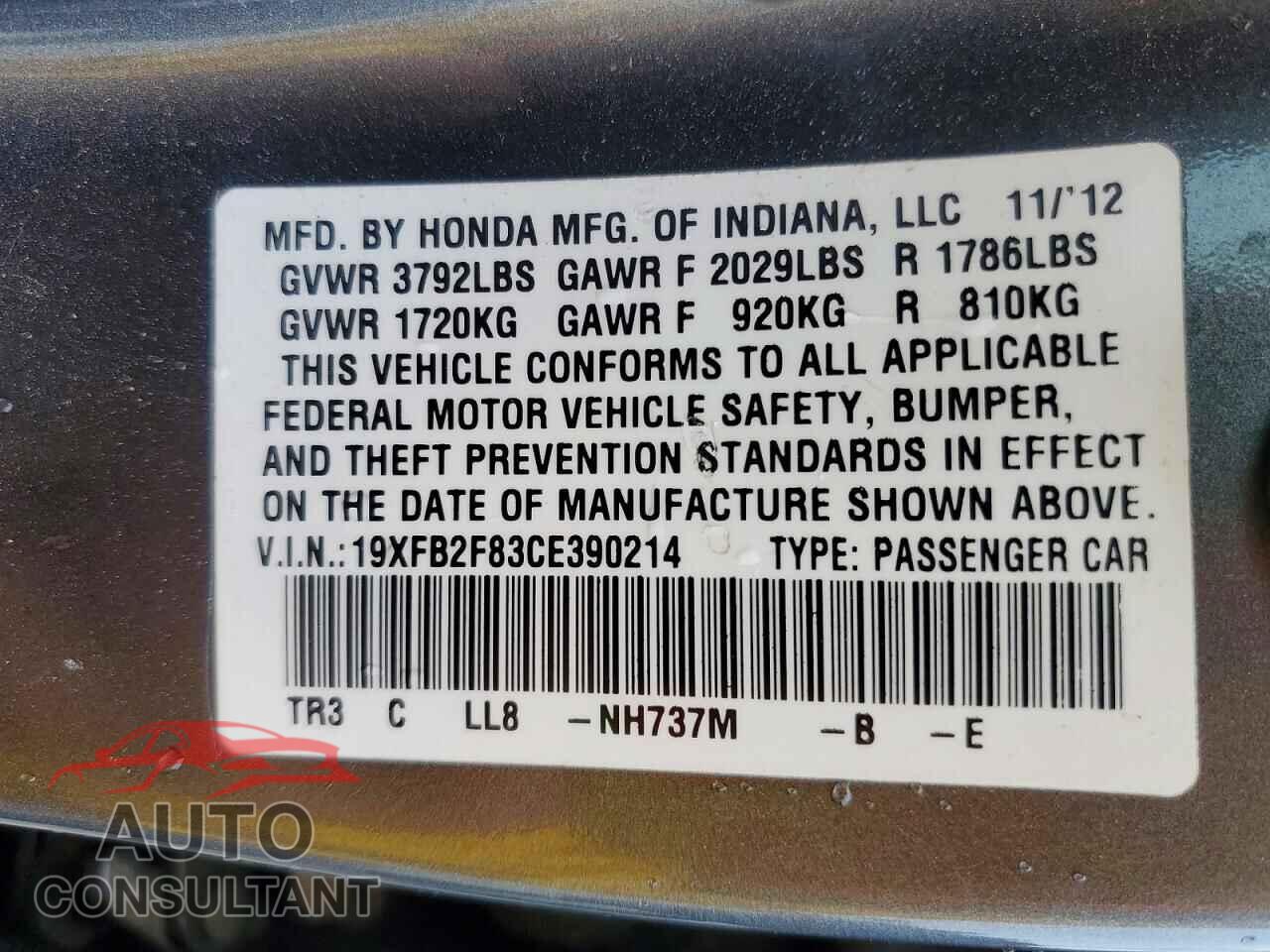 HONDA CIVIC 2012 - 19XFB2F83CE390214