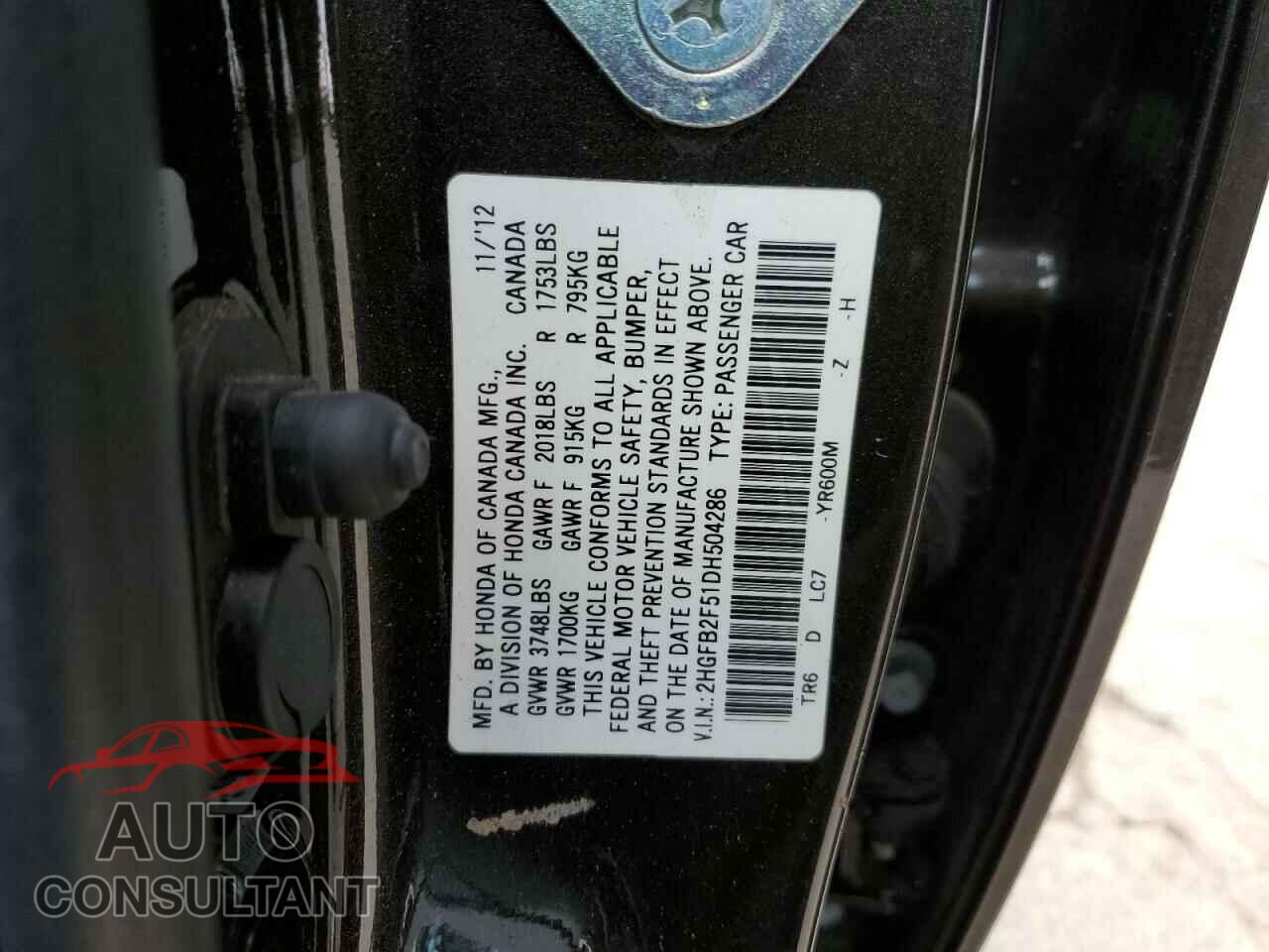 HONDA CIVIC 2013 - 2HGFB2F51DH504286
