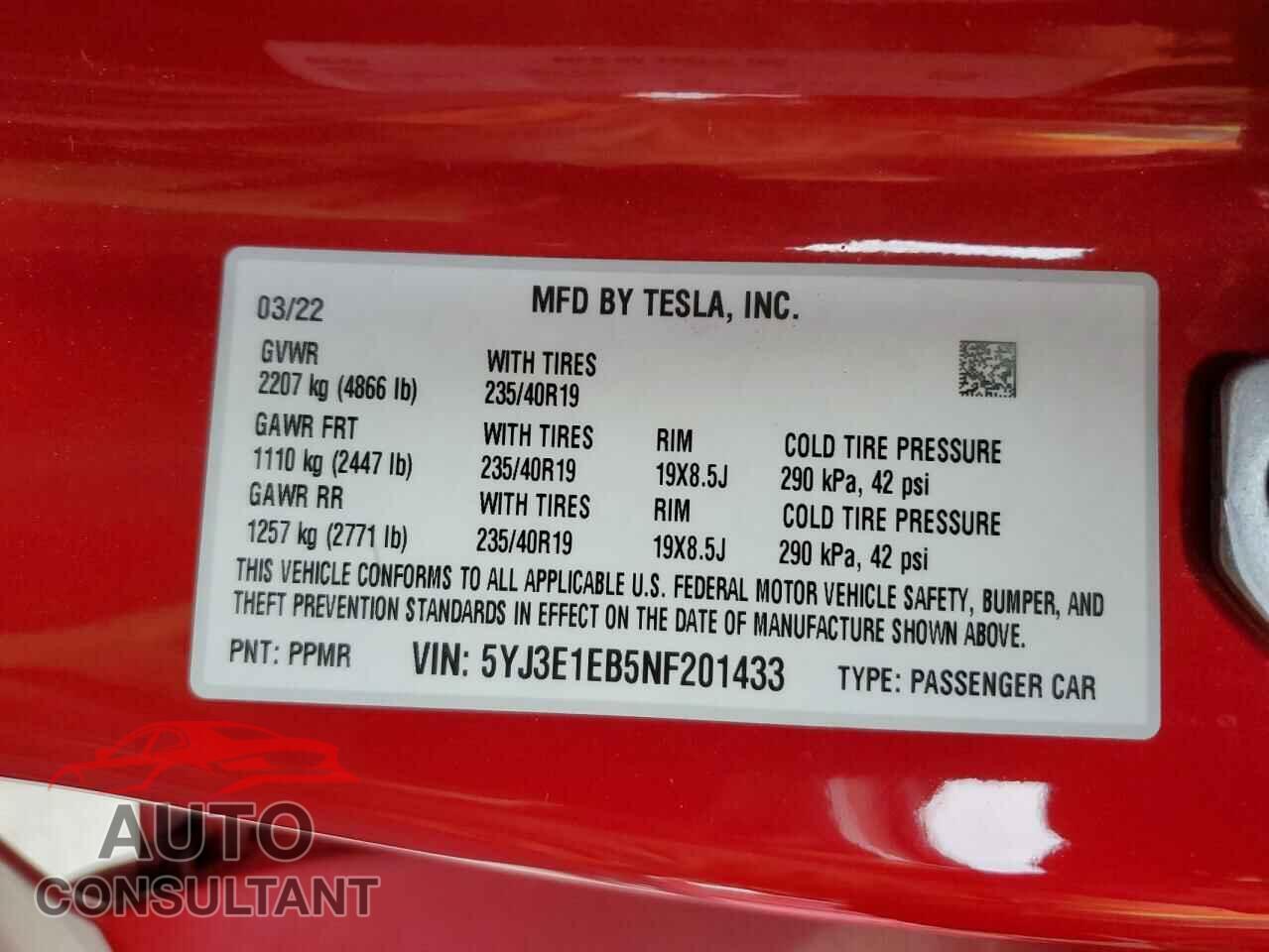 TESLA MODEL 3 2022 - 5YJ3E1EB5NF201433