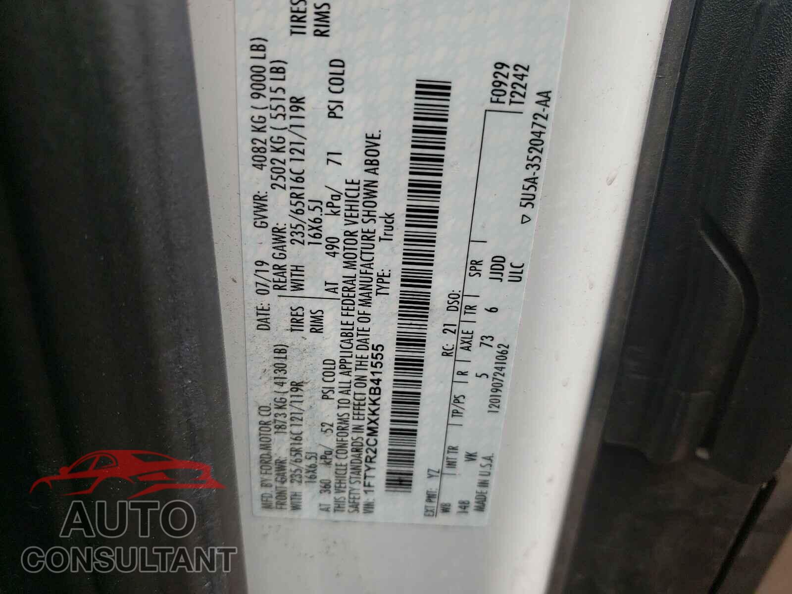 FORD TRANSIT CO 2019 - 1FTYR2CMXKKB41555