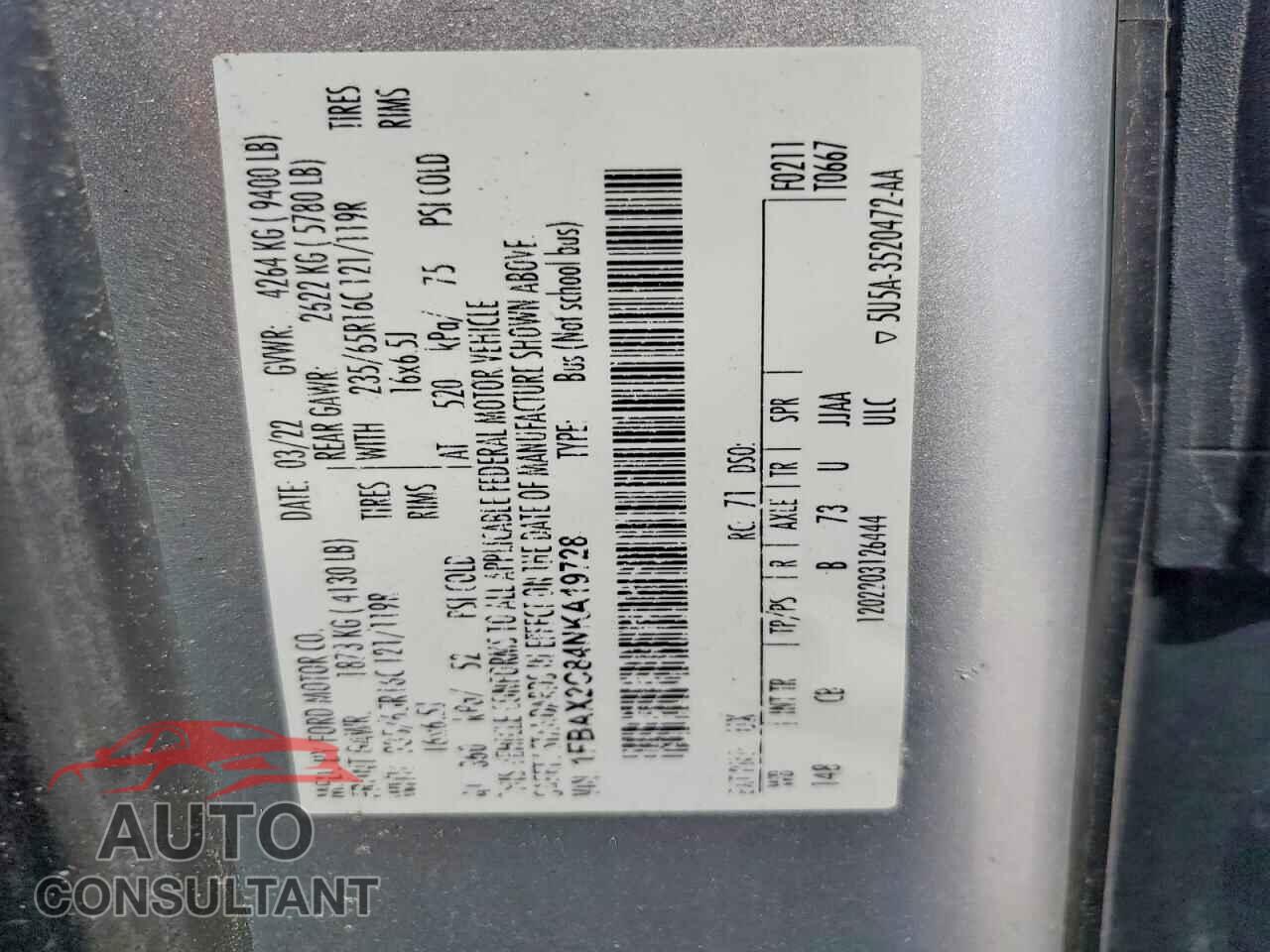 FORD TRANSIT 2022 - 1FBAX2C84NKA19728