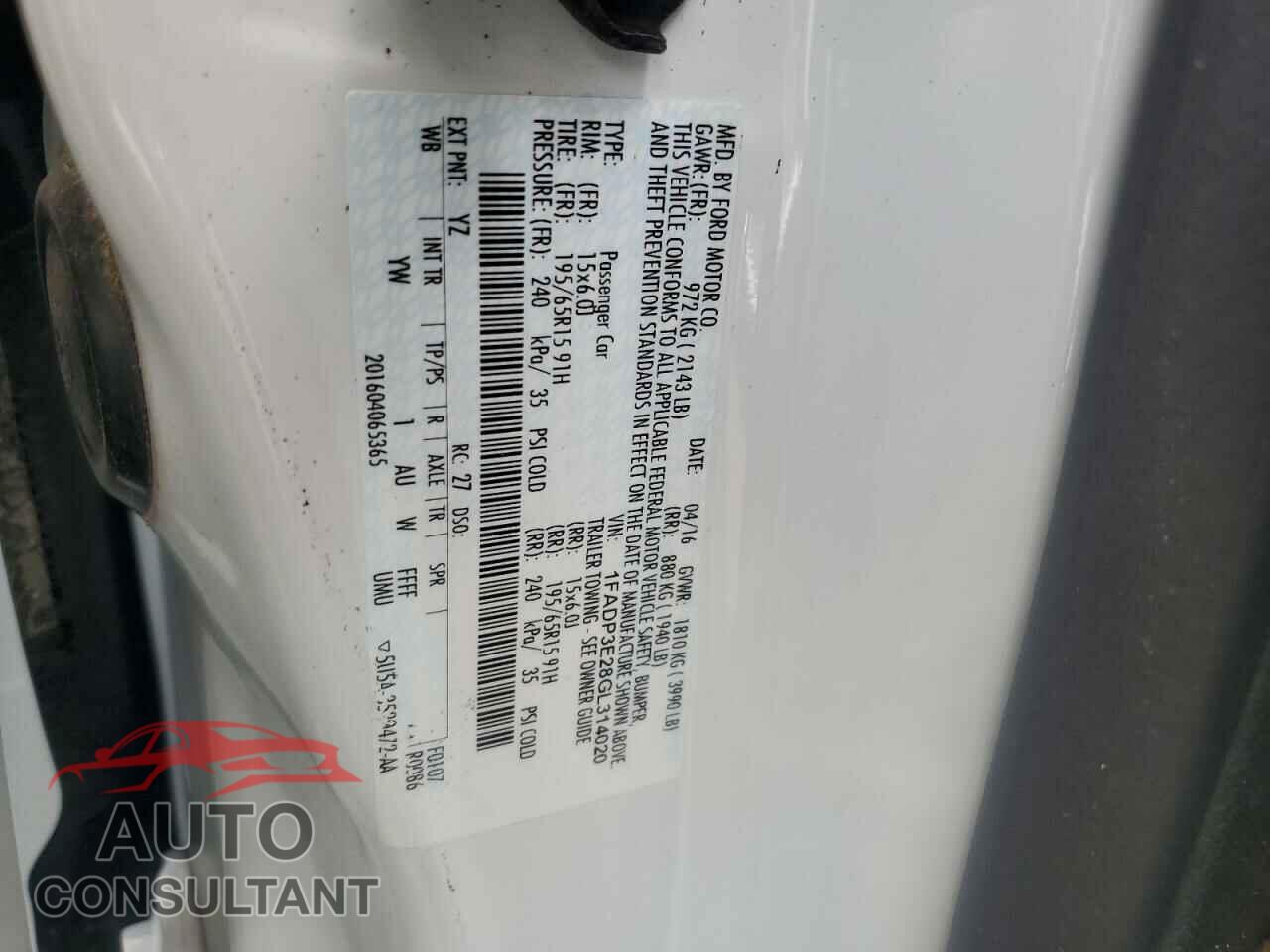 FORD FOCUS 2016 - 1FADP3E28GL314020