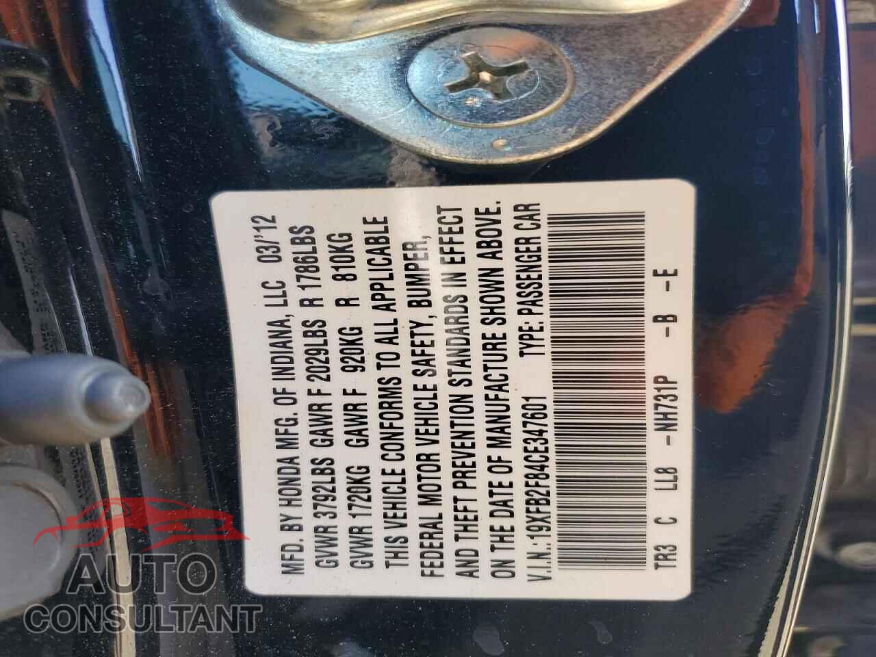 HONDA CIVIC 2012 - 19XFB2F84CE347601