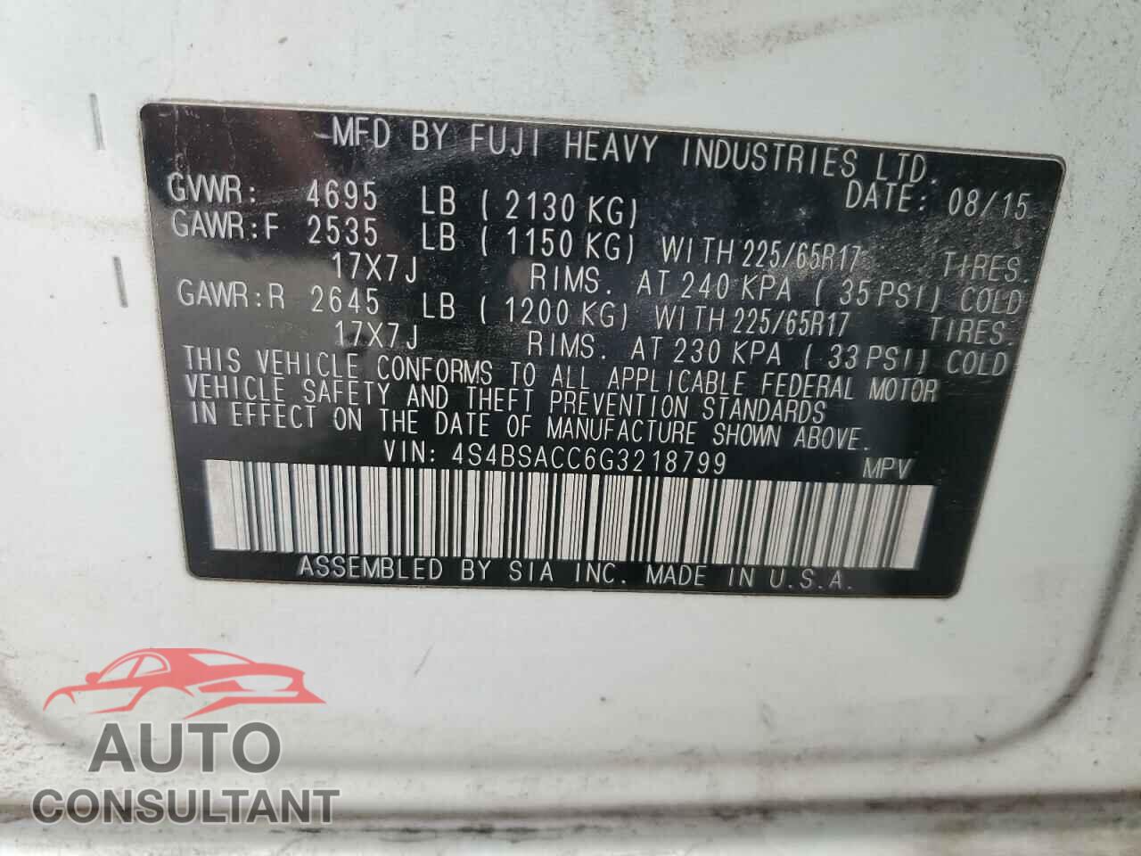 SUBARU OUTBACK 2016 - 4S4BSACC6G3218799