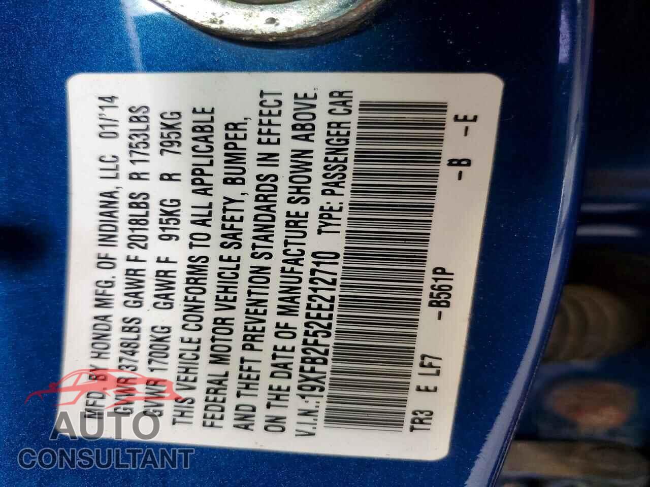 HONDA CIVIC 2014 - 19XFB2F52EE212710