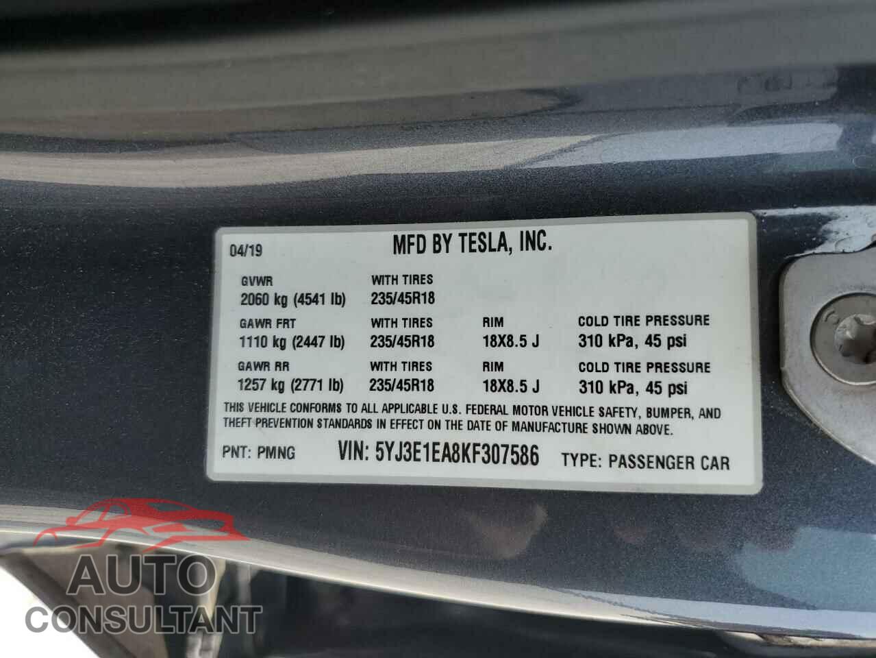 TESLA MODEL 3 2019 - 5YJ3E1EA8KF307586