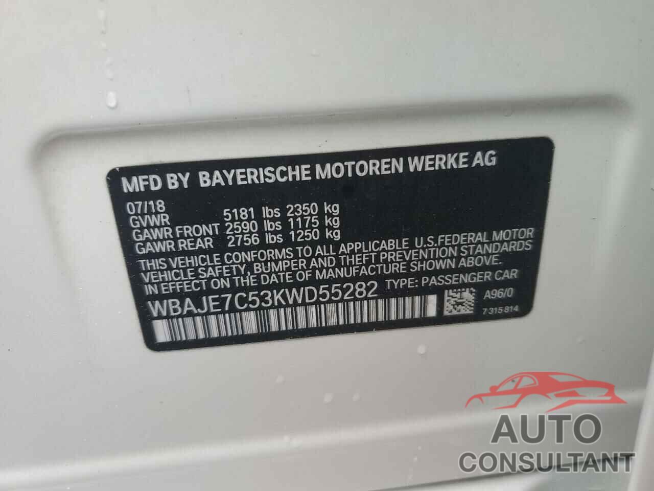 BMW 5 SERIES 2019 - WBAJE7C53KWD55282