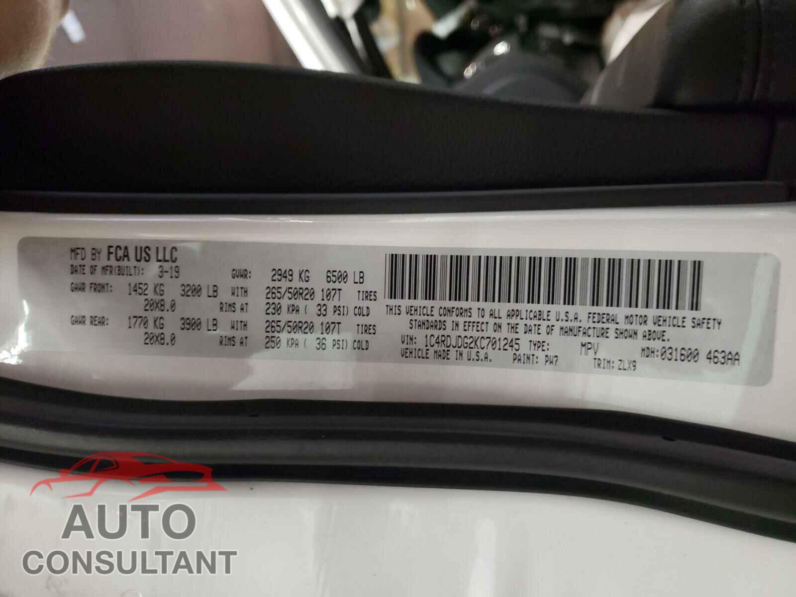 DODGE DURANGO 2019 - 1C4RDJDG2KC701245