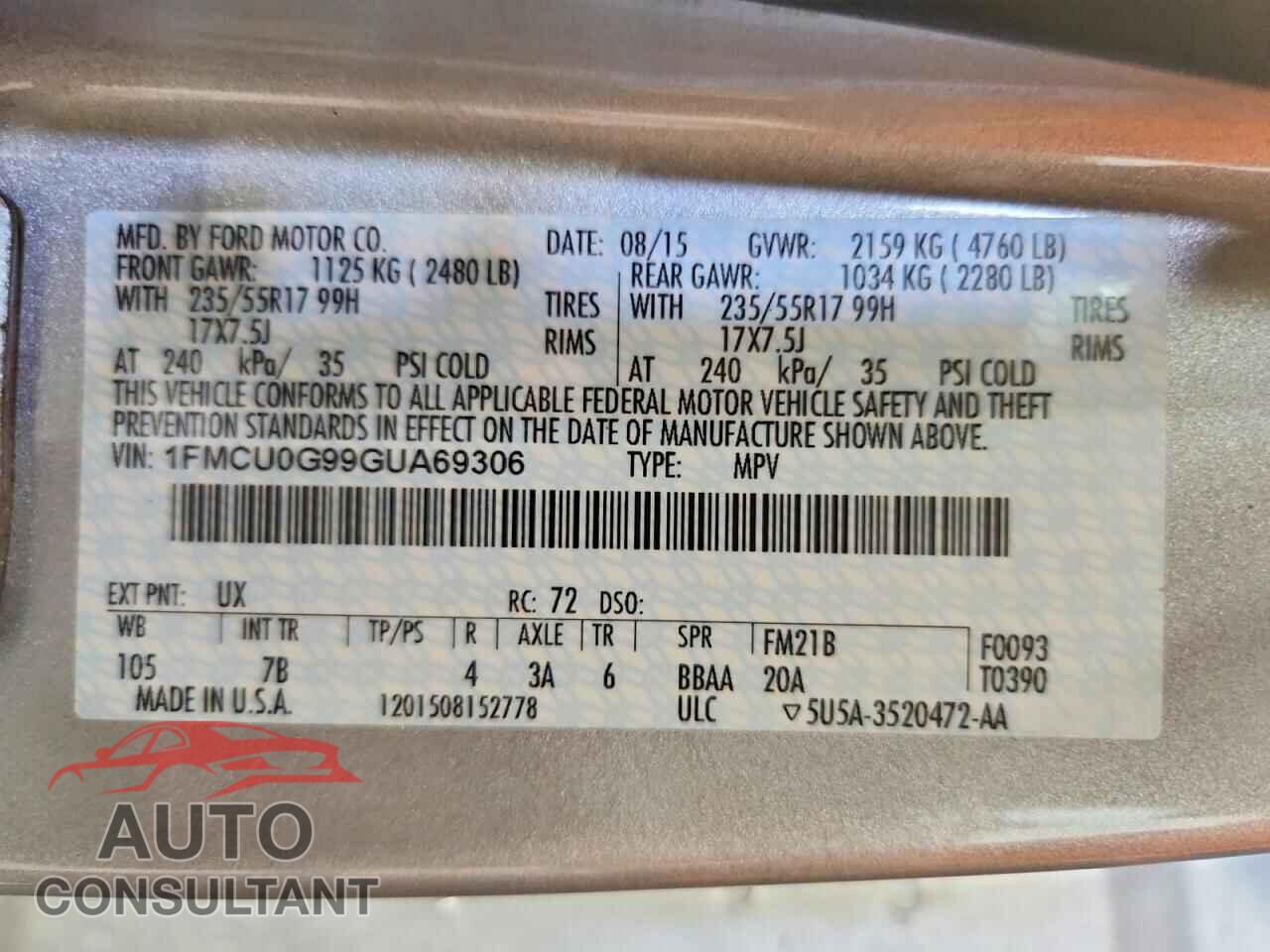 FORD ESCAPE 2016 - 1FMCU0G99GUA69306