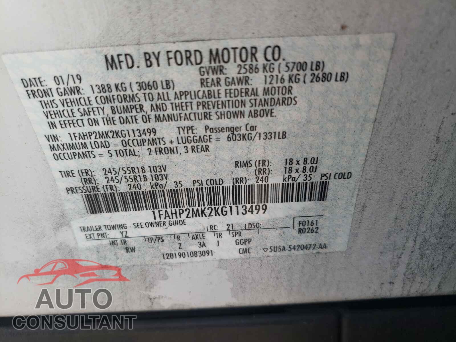 FORD TAURUS 2019 - 1FAHP2MK2KG113499