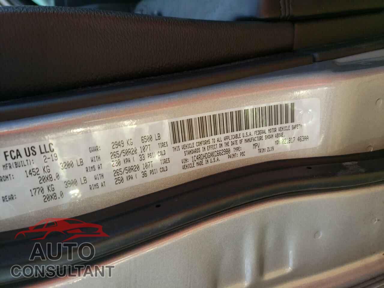 DODGE DURANGO 2019 - 1C4RDHDGXKC662980