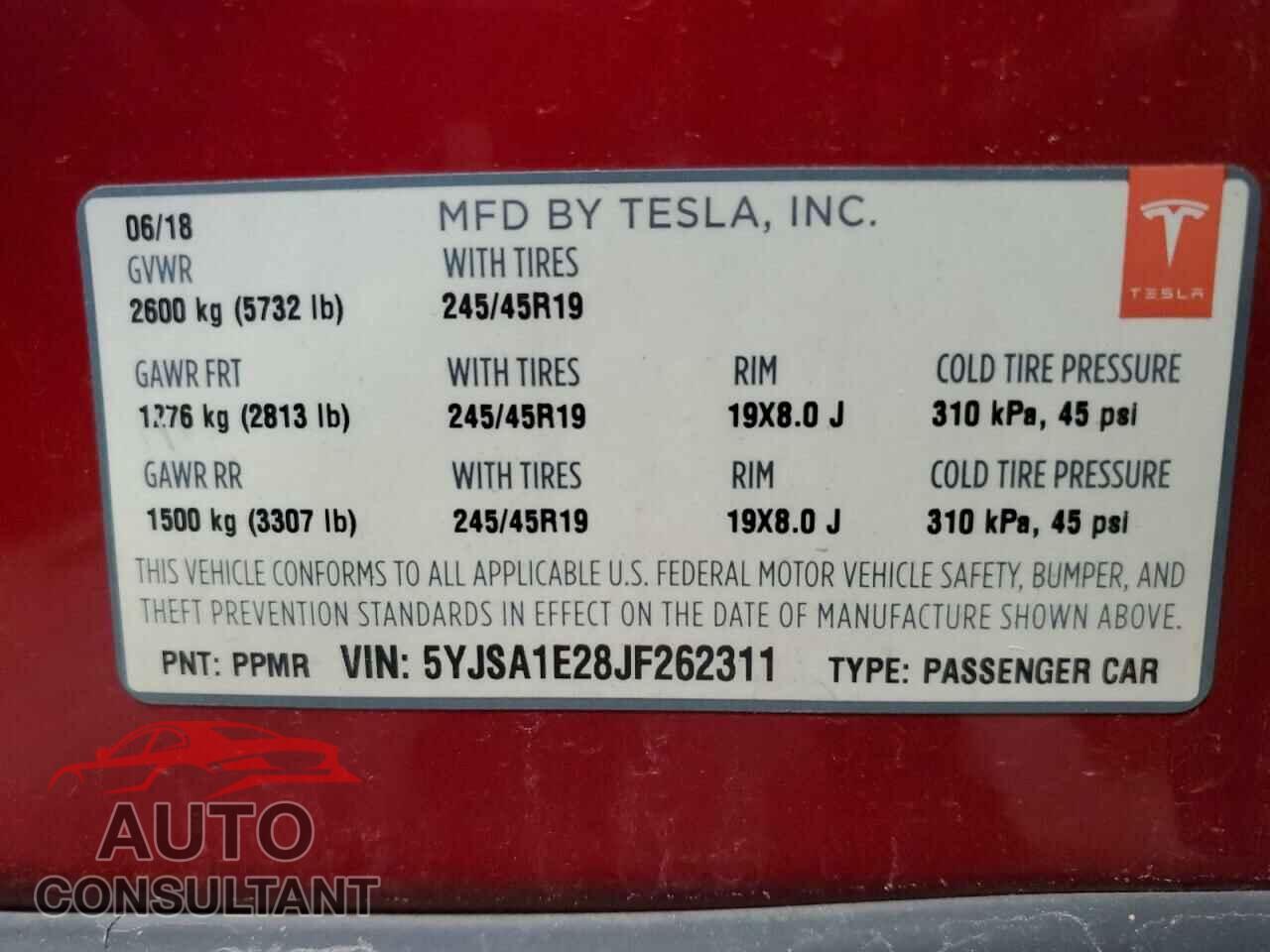 TESLA MODEL S 2018 - 5YJSA1E28JF262311