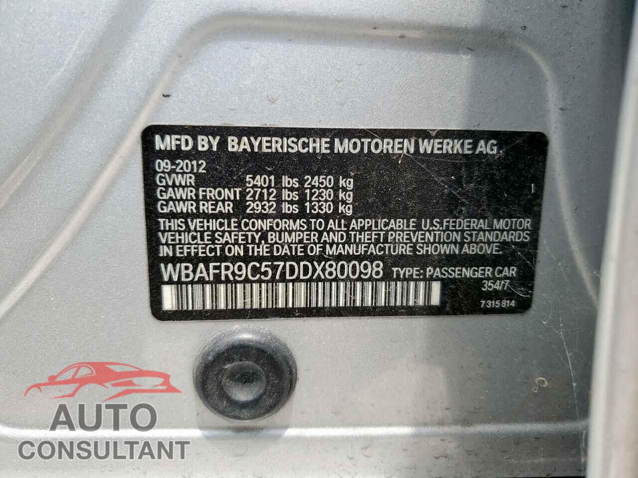BMW 5 SERIES 2013 - WBAFR9C57DDX80098