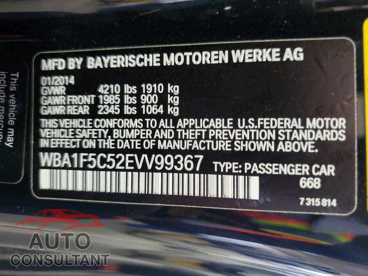 BMW 2 SERIES 2014 - WBA1F5C52EVV99367