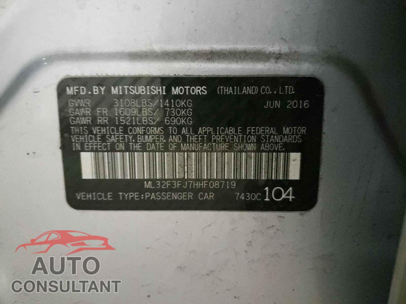 MITSUBISHI MIRAGE 2017 - ML32F3FJ7HHF08719