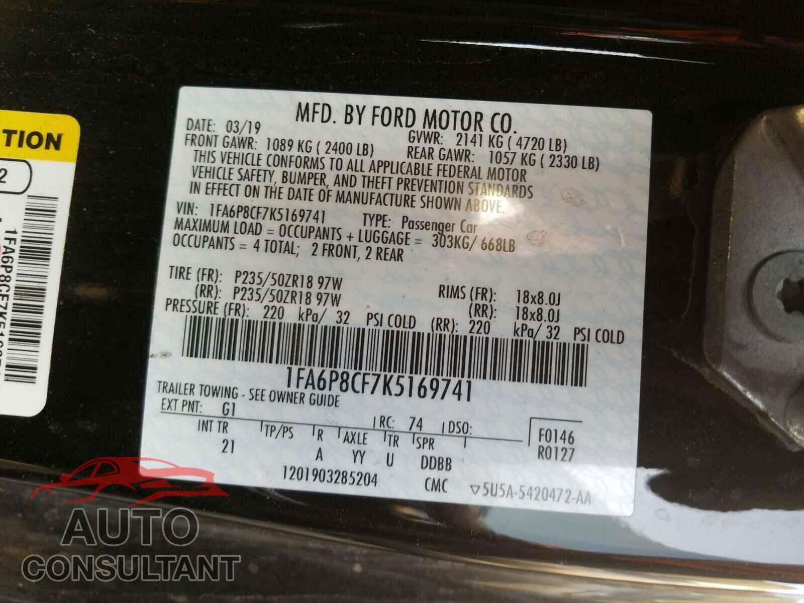 FORD MUSTANG 2019 - 1FA6P8CF7K5169741