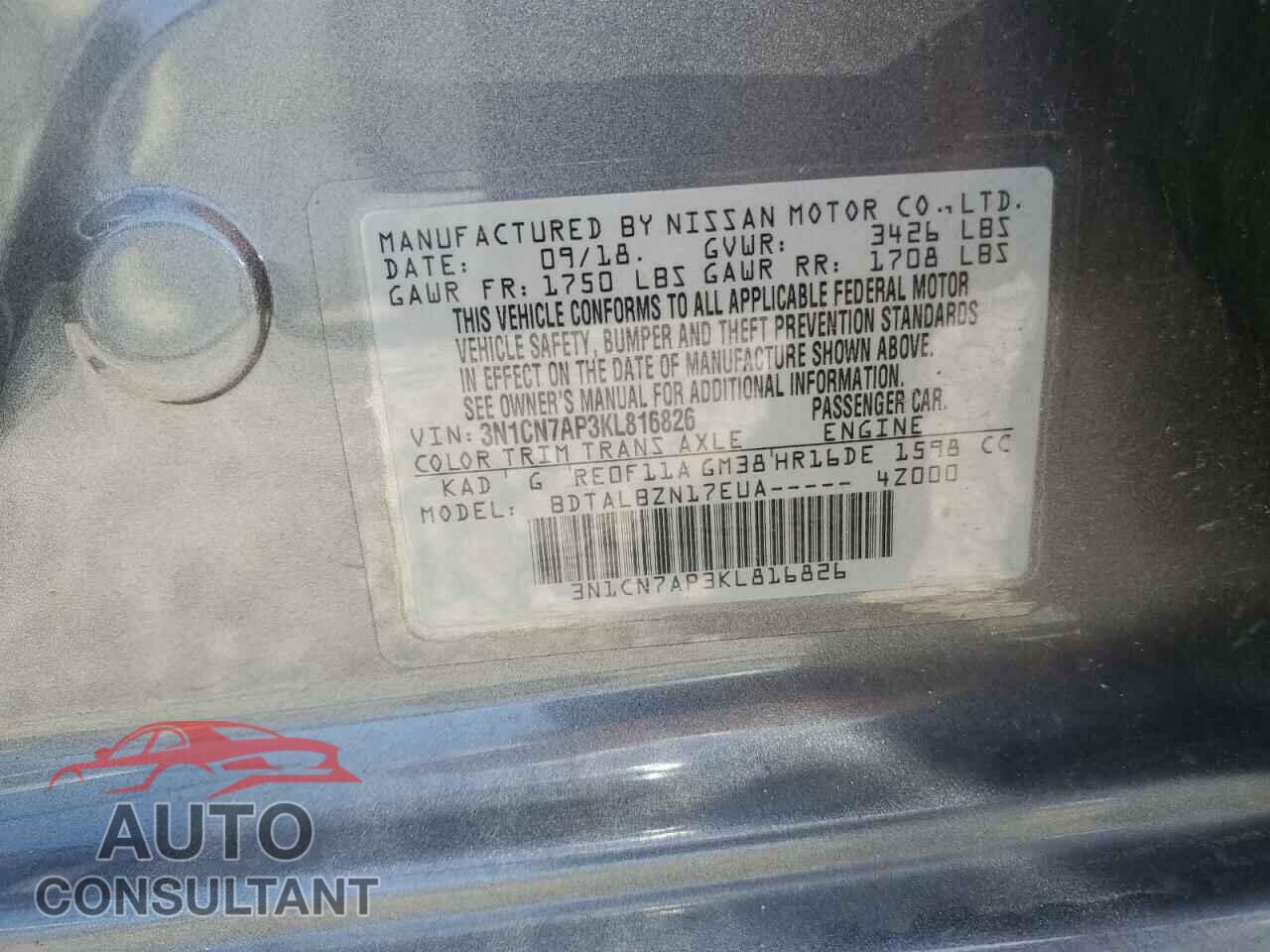 NISSAN VERSA 2019 - 3N1CN7AP3KL816826