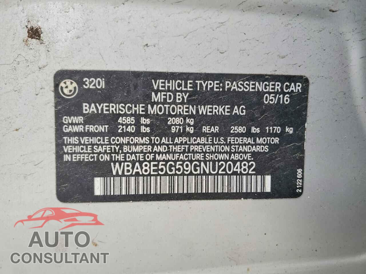 BMW 3 SERIES 2016 - WBA8E5G59GNU20482