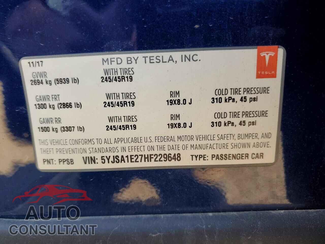 TESLA MODEL S 2017 - 5YJSA1E27HF229648