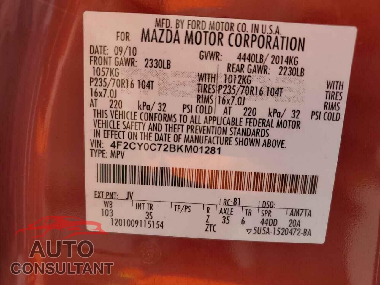 MAZDA TRIBUTE 2011 - 4F2CY0C72BKM01281