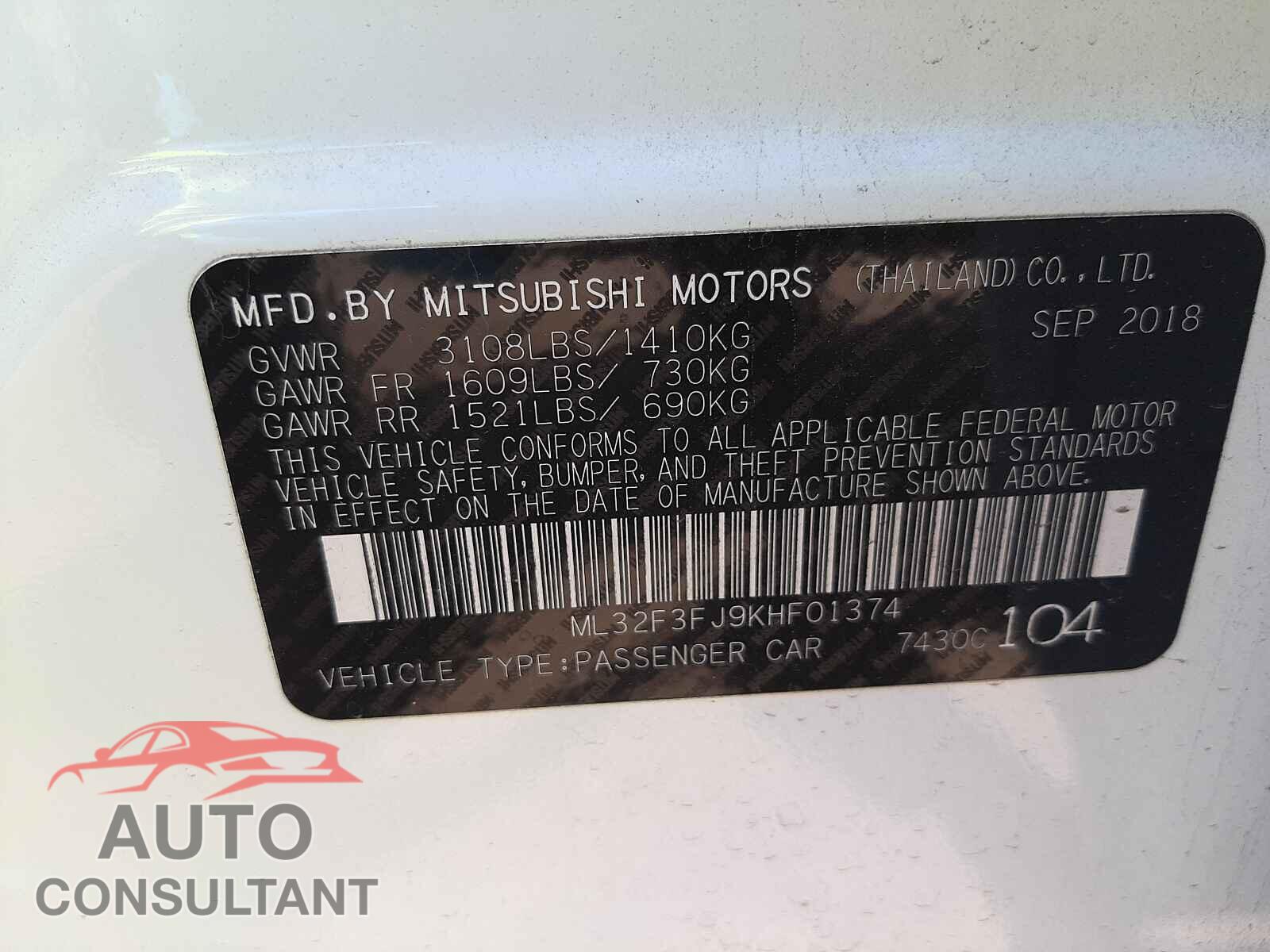 MITSUBISHI MIRAGE 2019 - ML32F3FJ9KHF01374