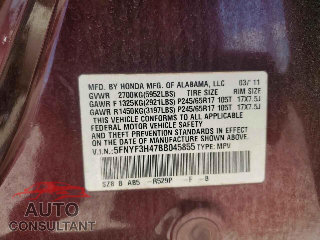 HONDA PILOT 2011 - 5FNYF3H47BB045855