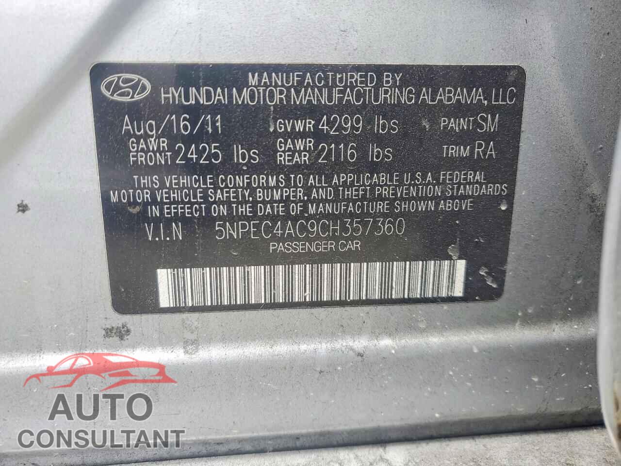 HYUNDAI SONATA 2012 - 5NPEC4AC9CH357360
