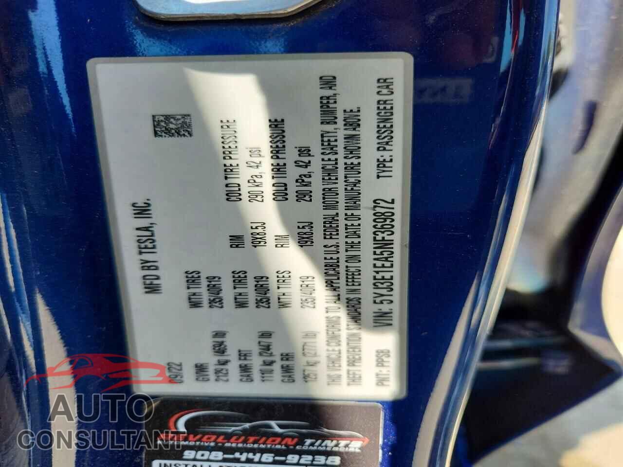 TESLA MODEL 3 2022 - 5YJ3E1EA5NF369872
