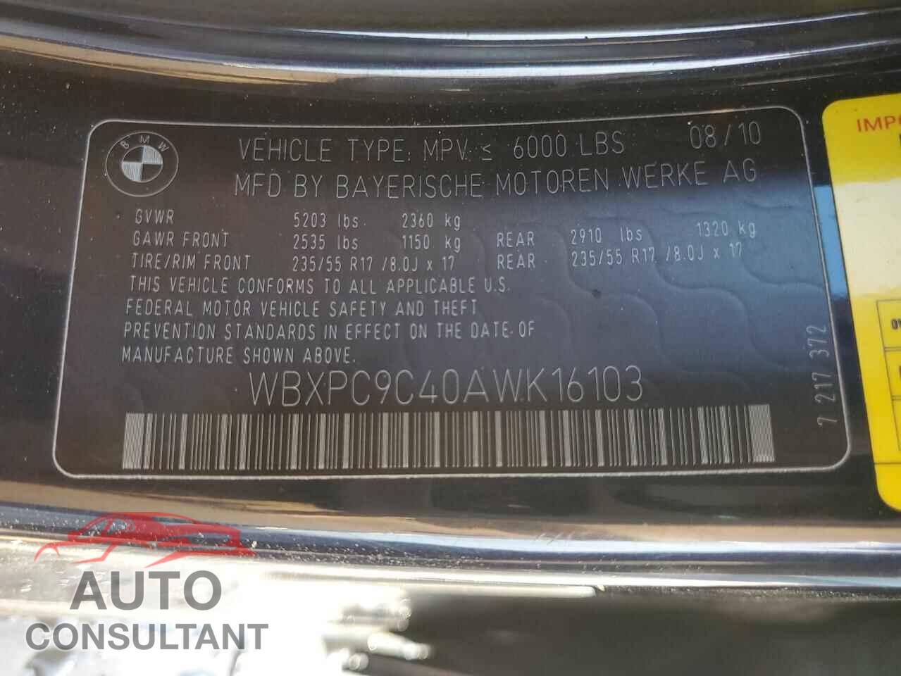 BMW X3 2010 - WBXPC9C40AWK16103