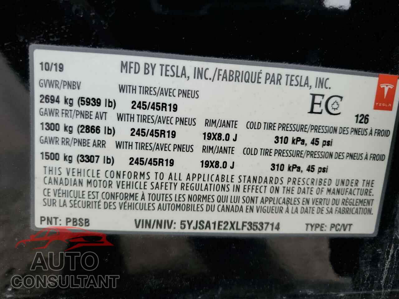 TESLA MODEL S 2020 - 5YJSA1E2XLF353714