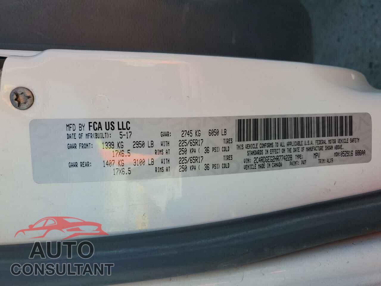 DODGE CARAVAN 2017 - 2C4RDGEG2HR774228