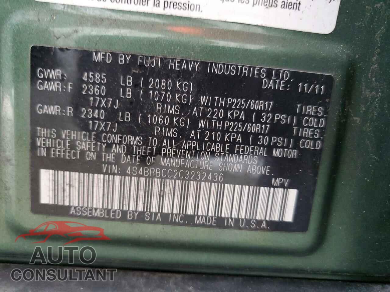 SUBARU OUTBACK 2012 - 4S4BRBCC2C3232436