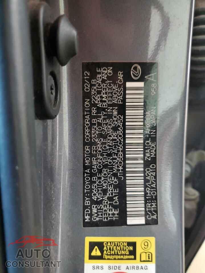 LEXUS CT 200 2012 - JTHKD5BH6C2086452