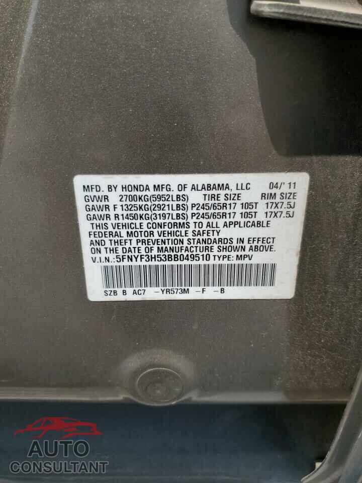 HONDA PILOT 2011 - 5FNYF3H53BB049510