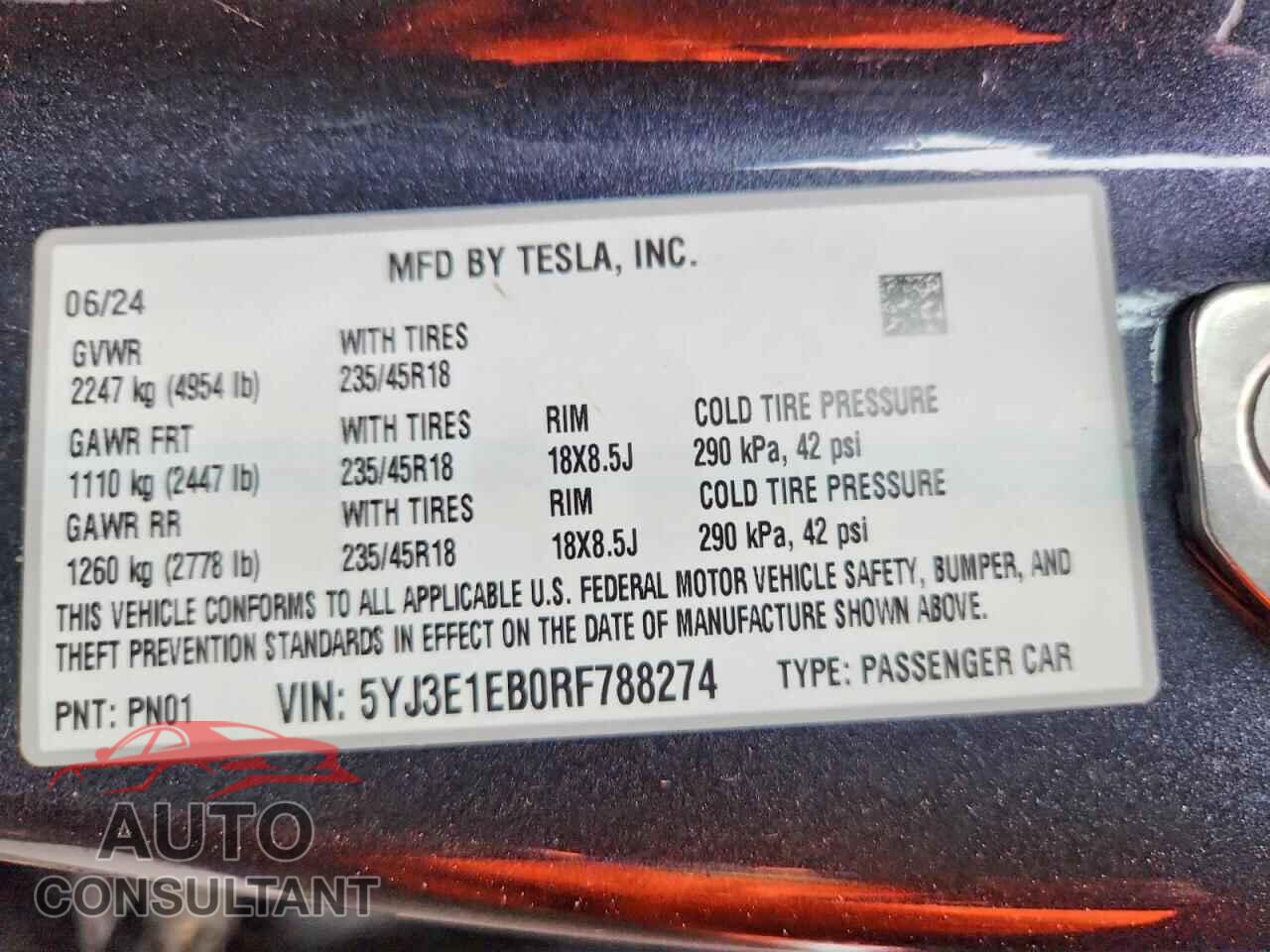 TESLA MODEL 3 2024 - 5YJ3E1EB0RF788274