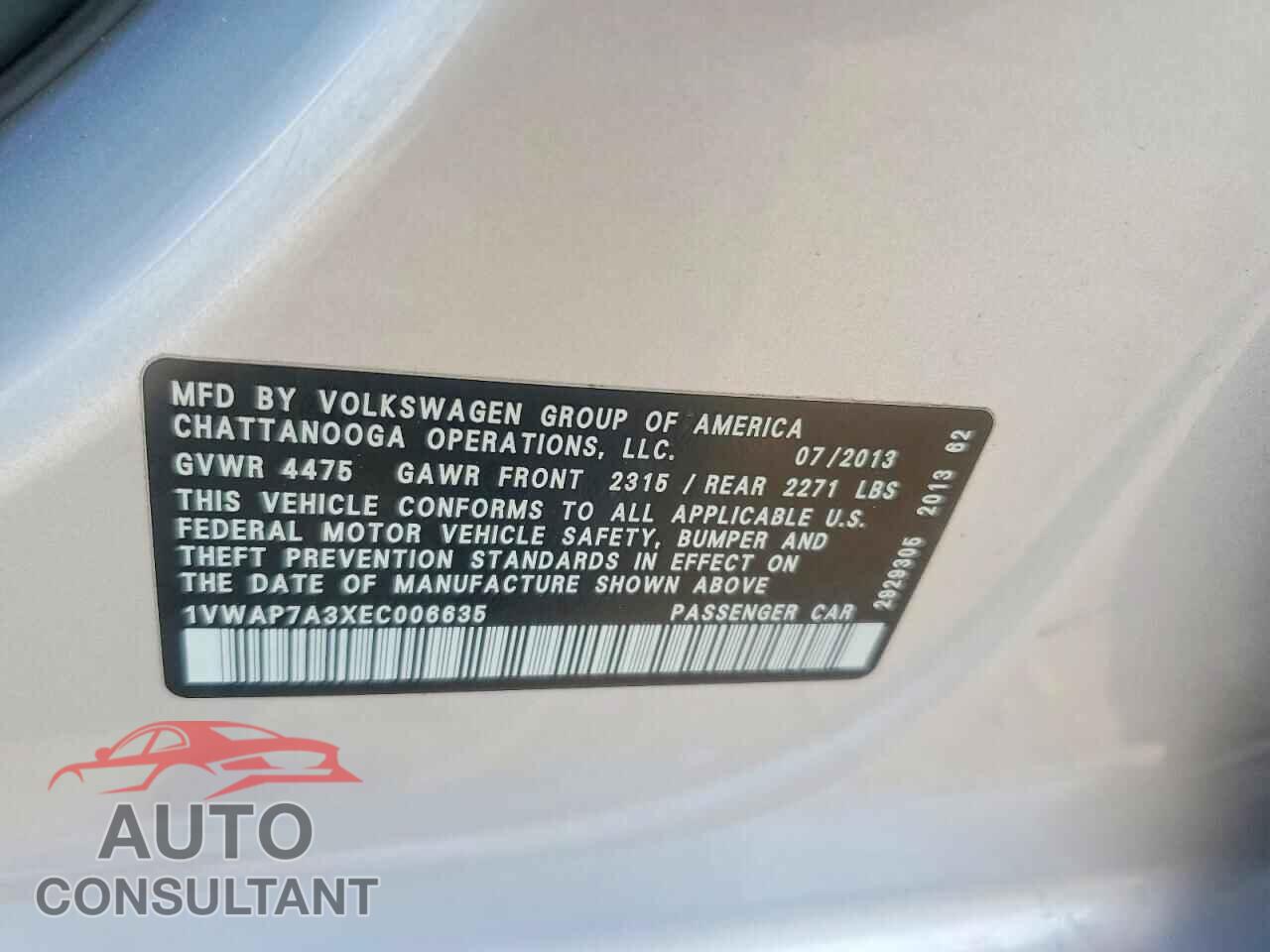 VOLKSWAGEN PASSAT 2014 - 1VWAP7A3XEC006635