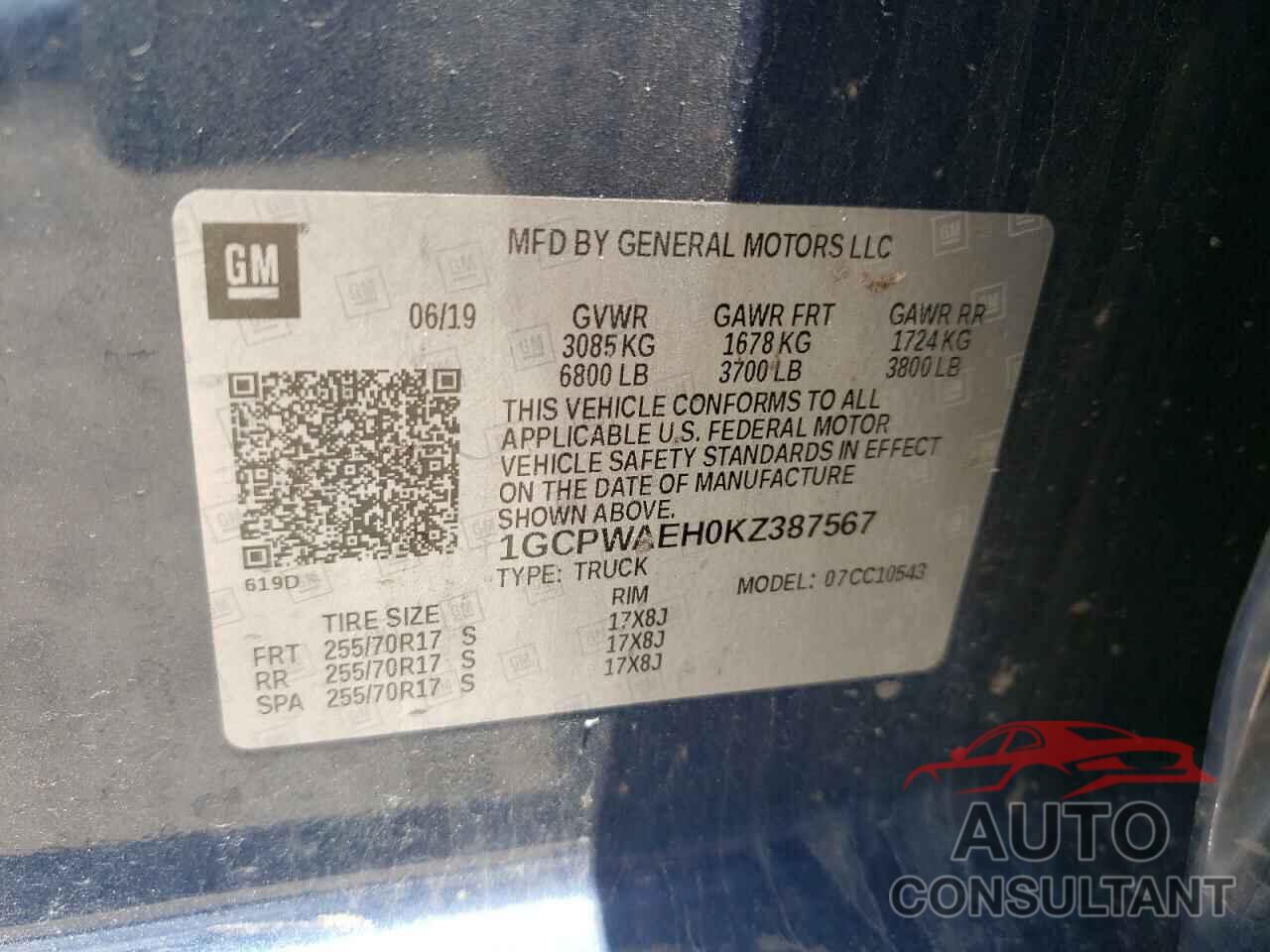 CHEVROLET SILVERADO 2019 - 1GCPWAEH0KZ387567
